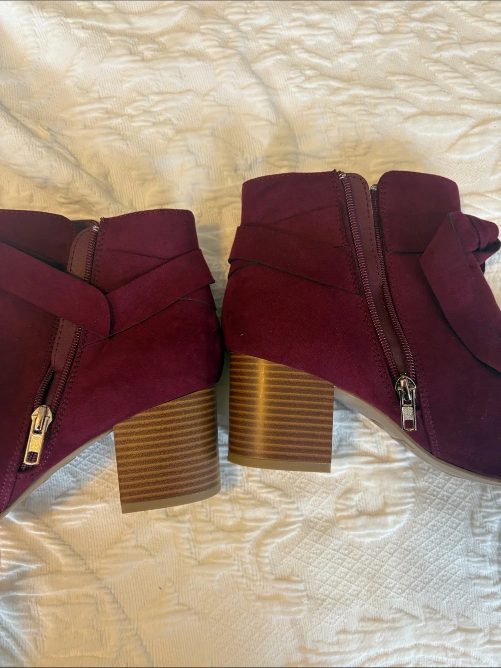 MIA Burgundy Suede Ankle Booties with Wrap Strap and Block Heel